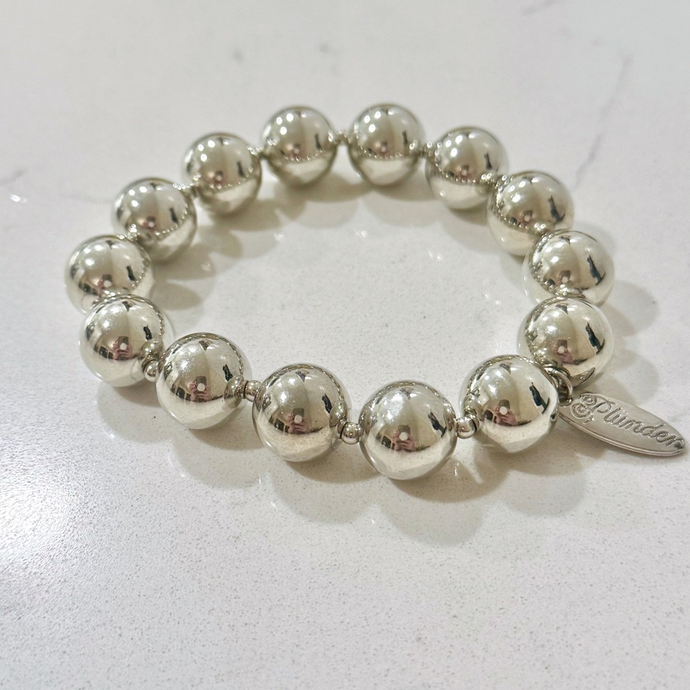 Plunder Design Silver Tone Chunky Ball Bead Stretch Bracelet Logo Charm